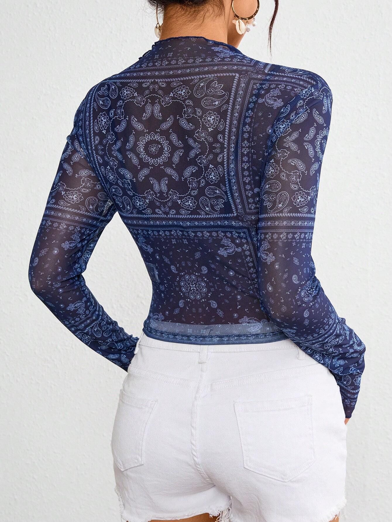Womens Sheer Mesh T-shirt Long Sleeve Paisley Print Slim Short Tops